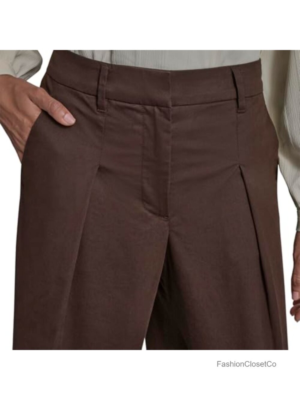 High-Waisted Wide Leg Trouser Pant Pleated Front Chino Cotton - Picture 4 of 5